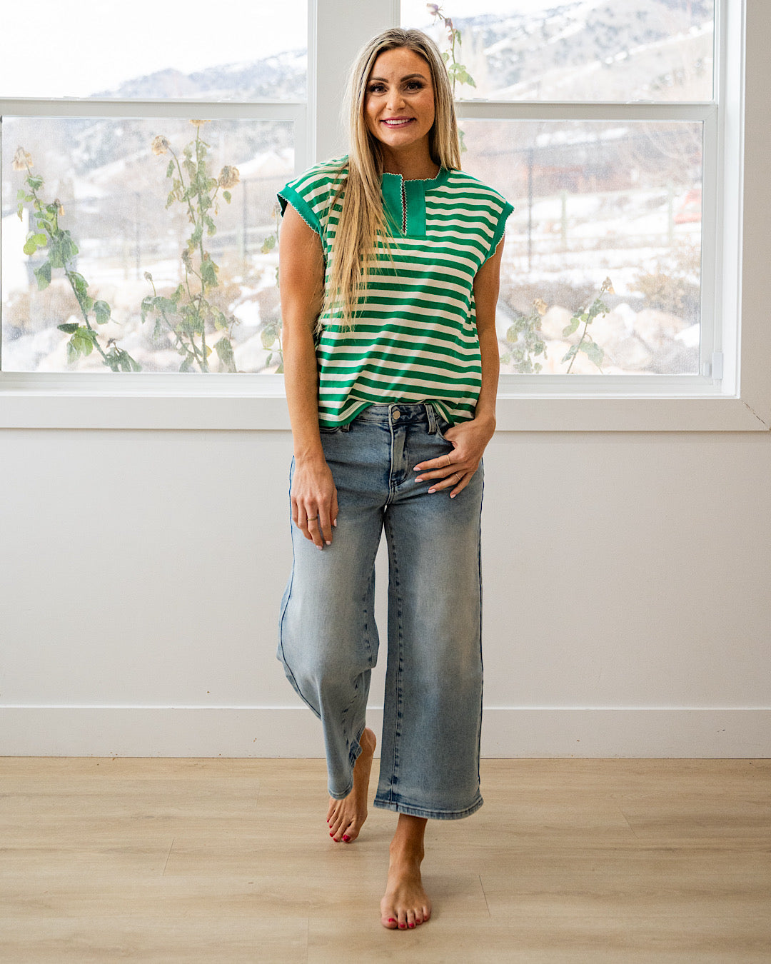 NEW! Carmine Striped Split Neck Top - Green
