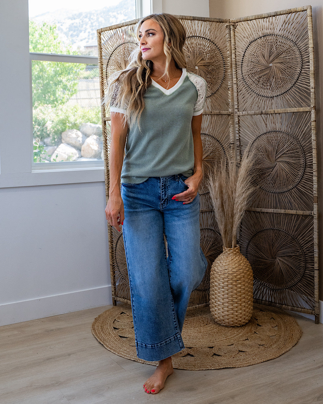 Angelica Mixed Fabric Corded Top - Light Olive 7th Ray