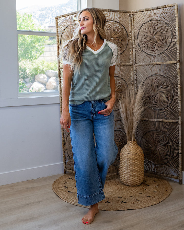 Angelica Mixed Fabric Corded Top - Light Olive 7th Ray