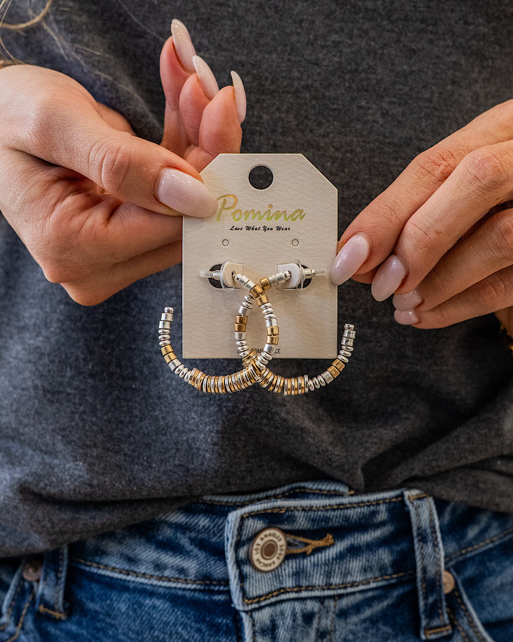 Metallic Contrast Beaded Open Hoop Earrings - Silver & Gold Trendy Wholesale