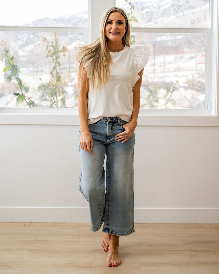 NEW! Cameron Scalloped Eyelet Sleeve Top - White