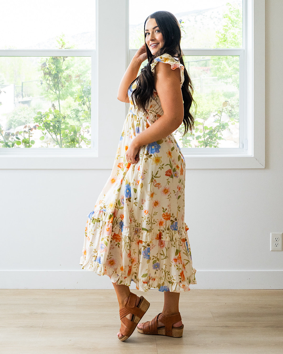 NEW! Selena Floral Flutter Sleeve Midi Dress Mine