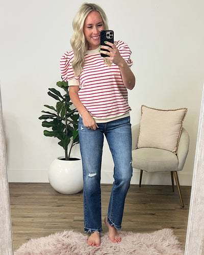 Carmen Striped Top with Puff Sleeves - Magenta  Bibi   