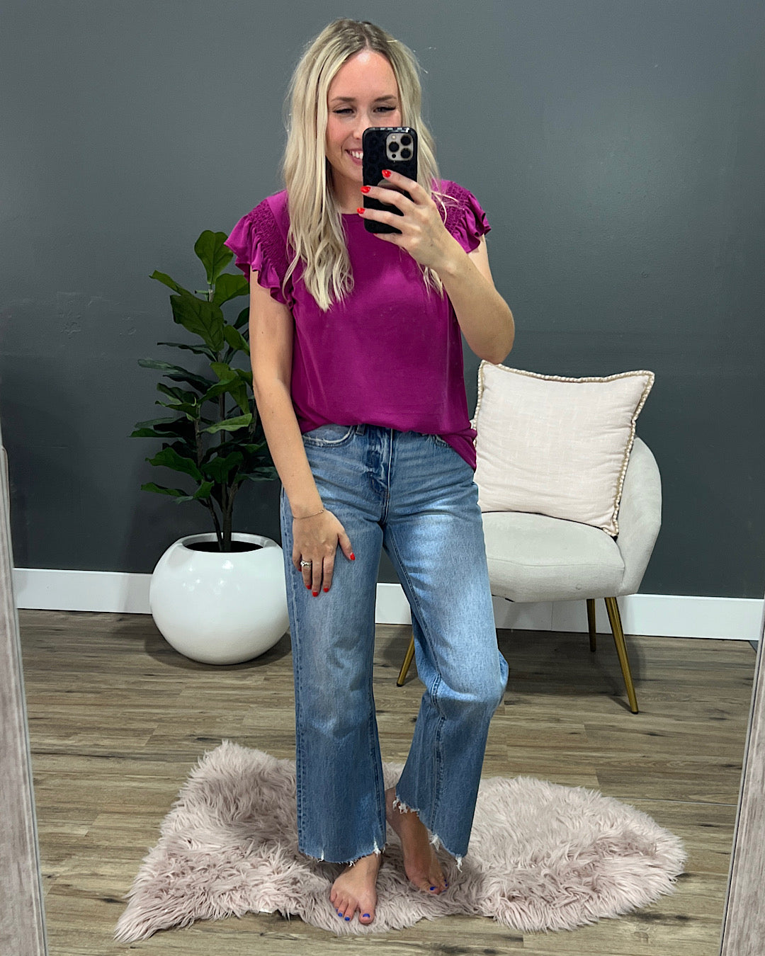 Becky Smocked Flutter Sleeve Top - Magenta  Staccato   