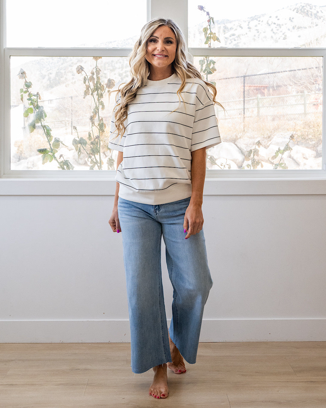 NEW! Macey Scuba Fabric Striped Top - Cream & Black