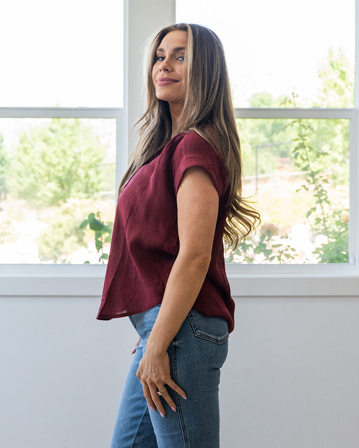 NEW! Denise Rolled Cuff Button Up Top - Burgundy