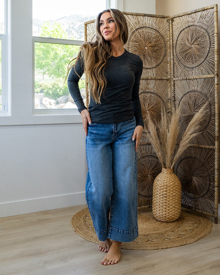 Elle Long Sleeve Knit Top - Heather Charcoal Be Cool