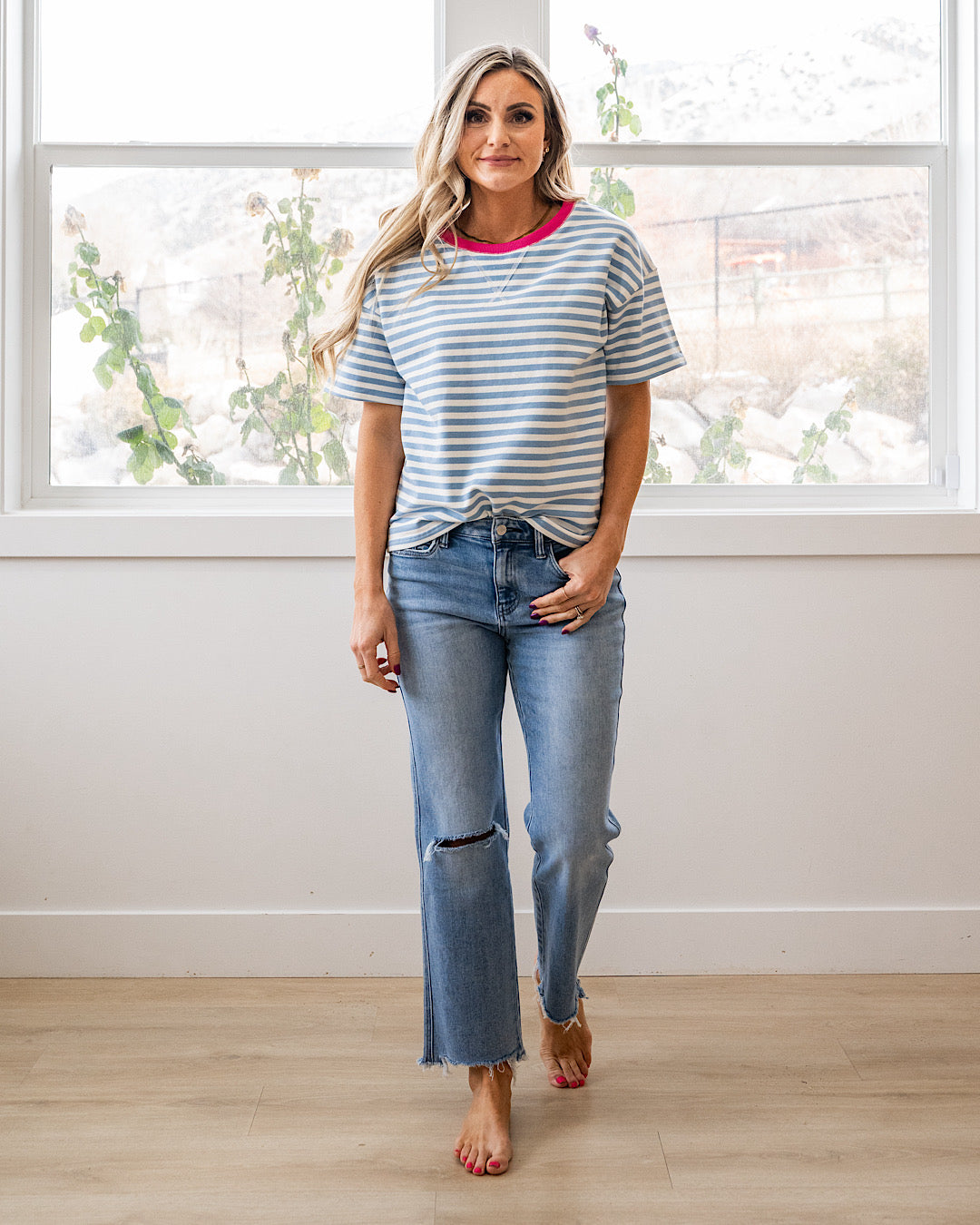 NEW! Ellie Contrast Striped Top - Sky Blue & Pink