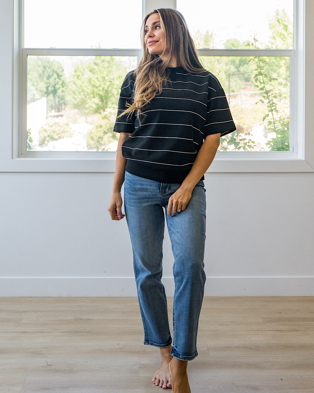 NEW! Macey Scuba Fabric Striped Top - Black & Cream