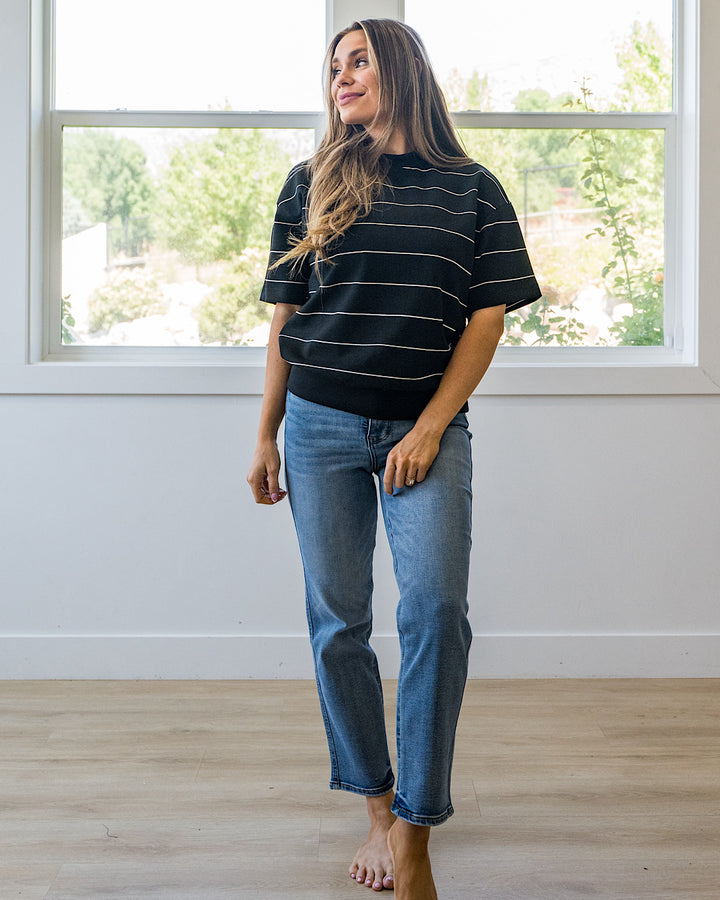 NEW! Macey Scuba Fabric Striped Top - Black & Cream