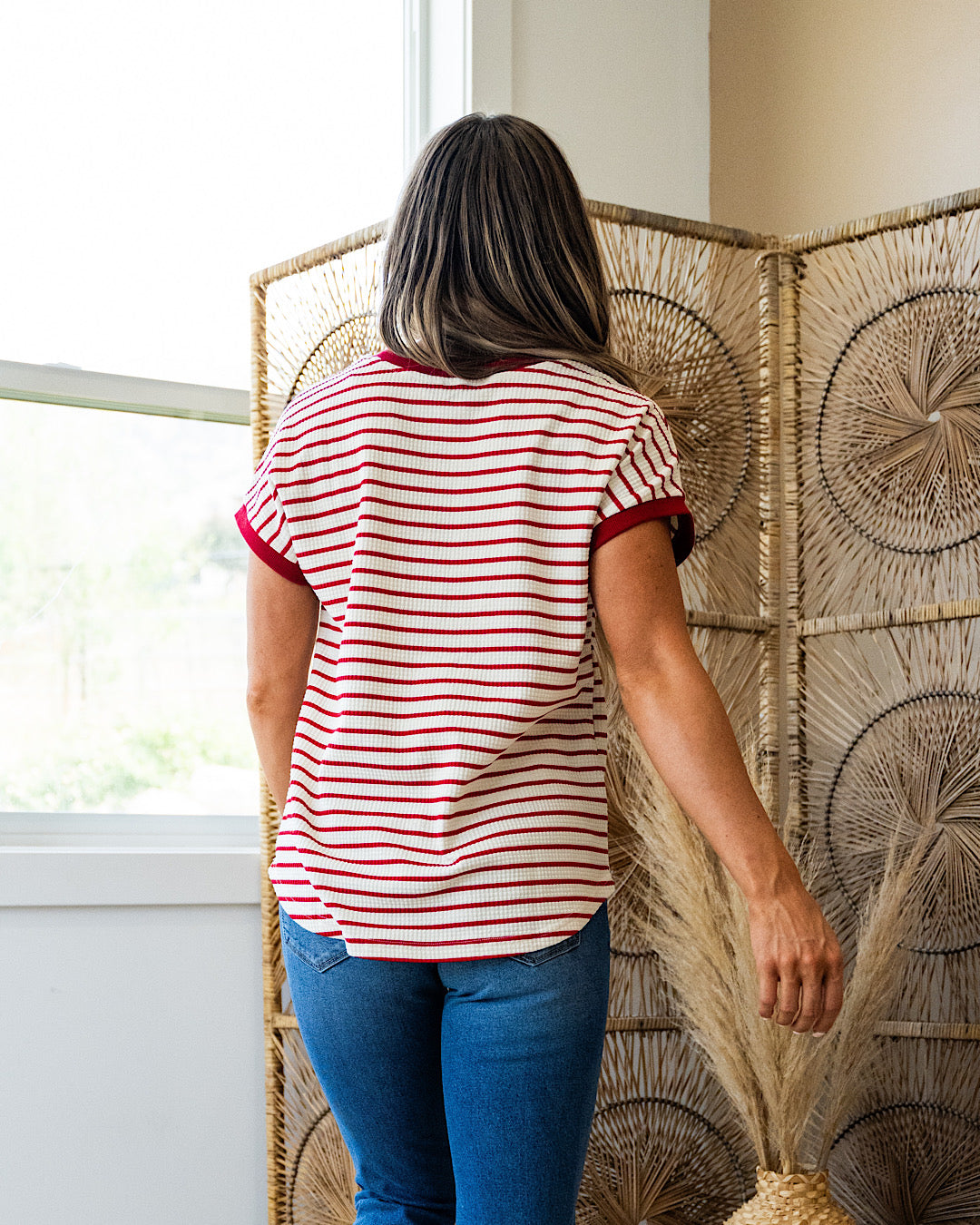 Abby Textured Striped Short Sleeve Top - Red  Staccato   