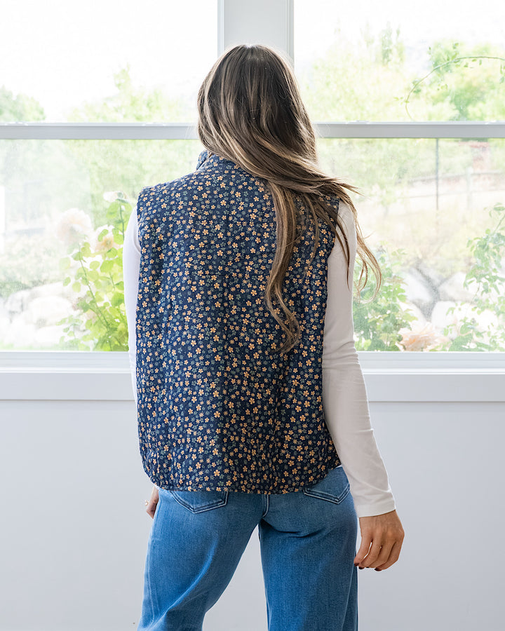 NEW! Juliana Floral Print Corduroy Vest - Navy & Gold Staccato