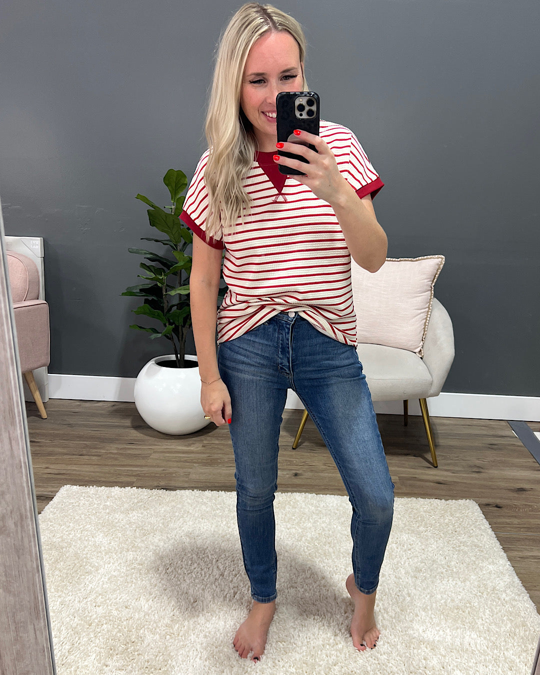 Abby Textured Striped Short Sleeve Top - Red  Staccato   