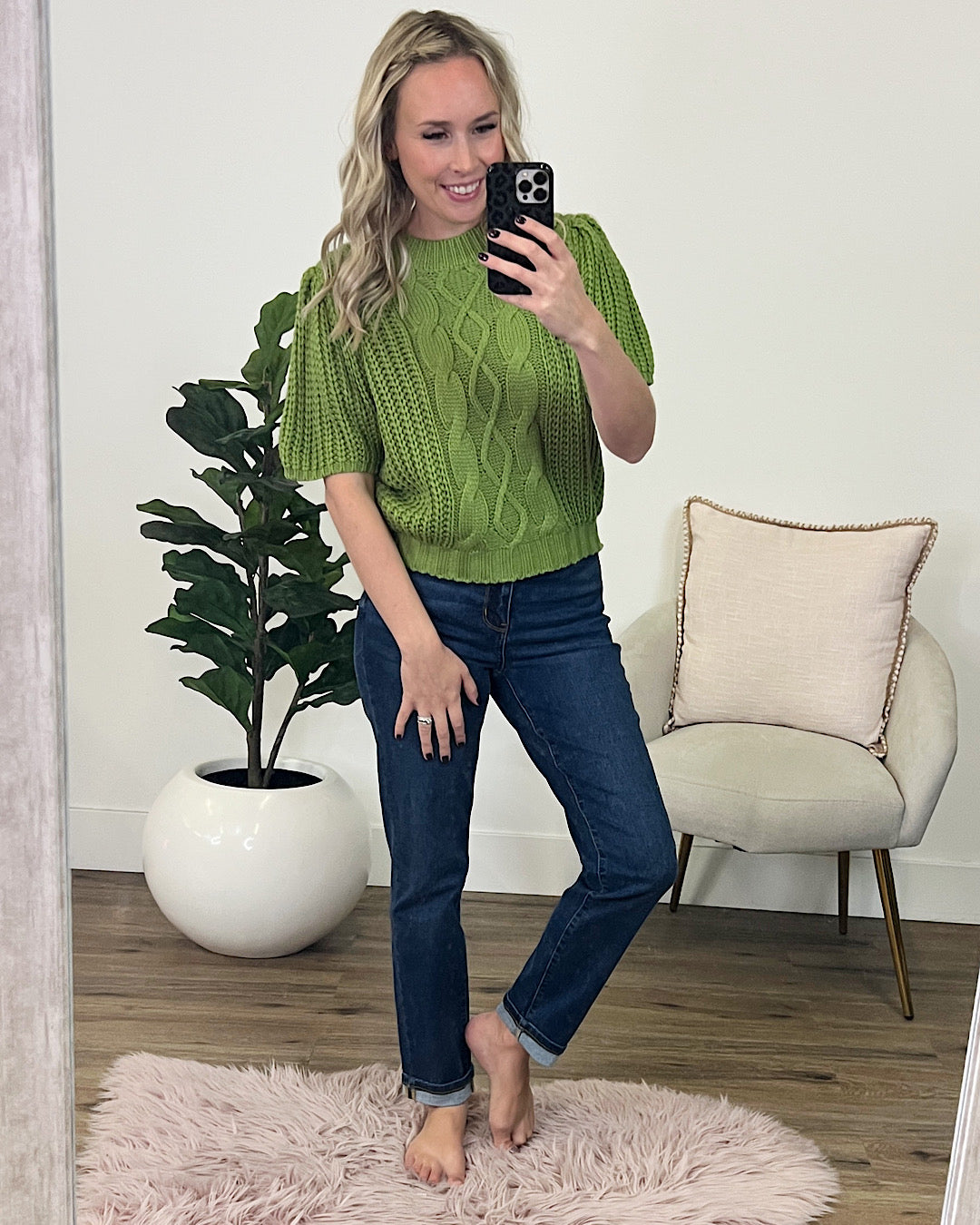 Gia Cable Knit Short Sleeve Sweater - Avocado FINAL SALE  Ces Femme   