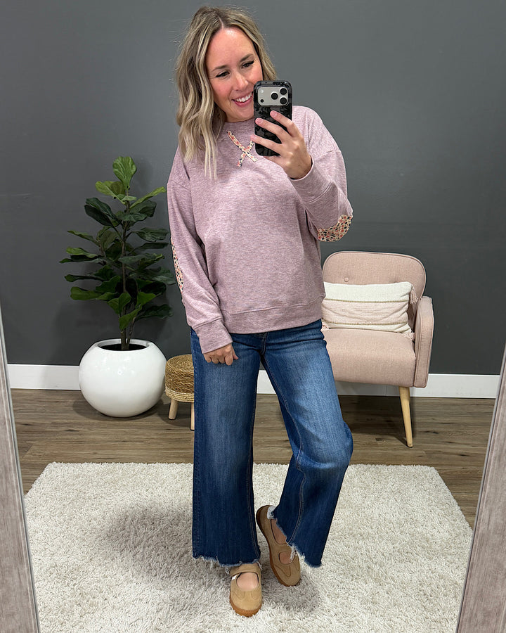 NEW! Laurel Elbow Patch Brushed Top - Dusty Lavender Staccato