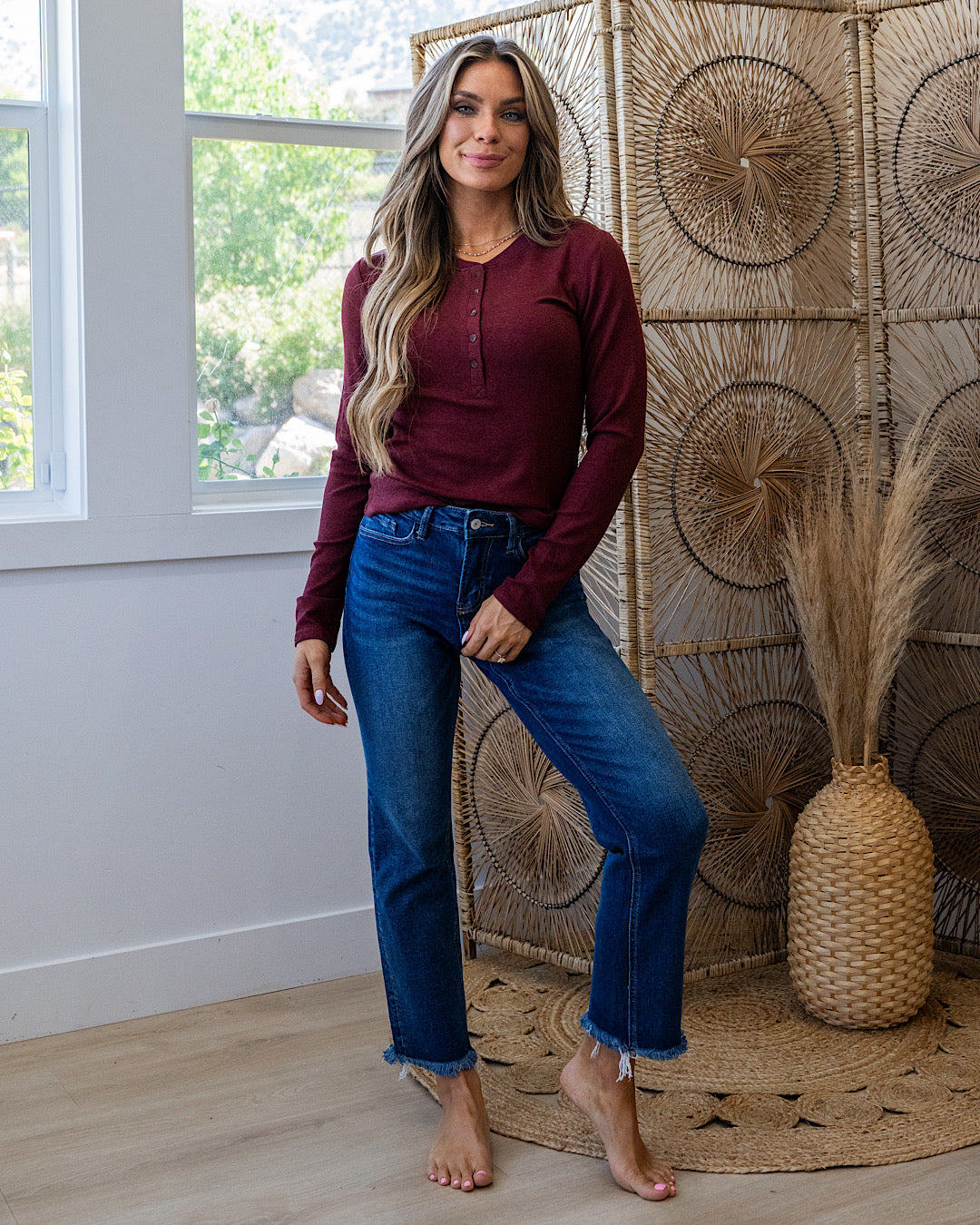 Cami Micro Ribbed Henley Top - Burgundy Be Cool