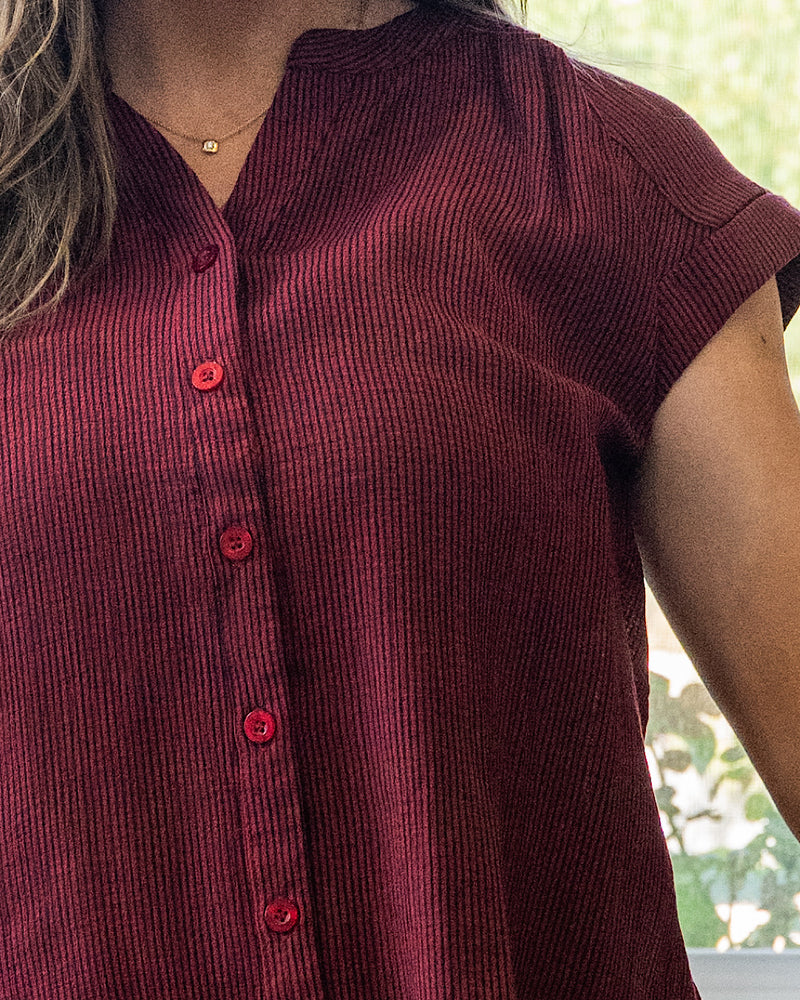 NEW! Denise Rolled Cuff Button Up Top - Burgundy Mine