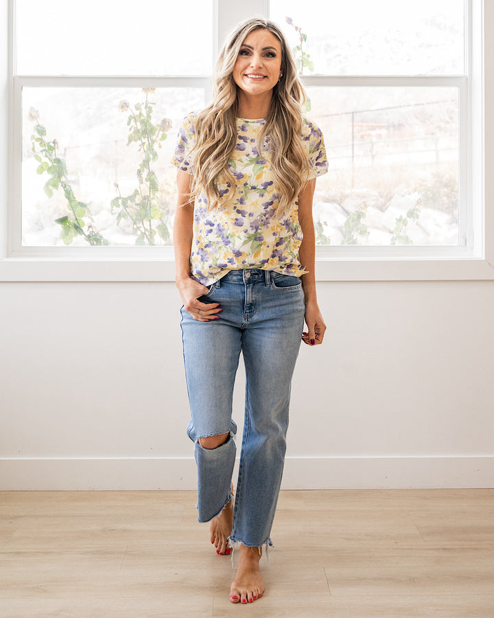 NEW! Danielle Floral Knit Top - Yellow & Lavender Staccato