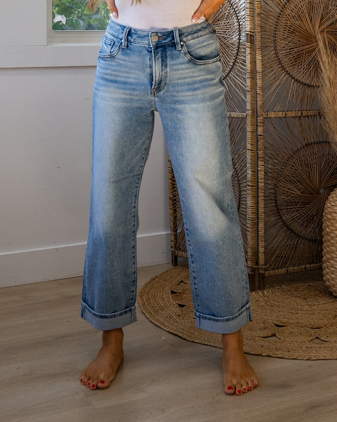 Risen Rowan Non Distressed Boyfriend Jeans - Color Options Available! Risen Light Wash Blue Denim