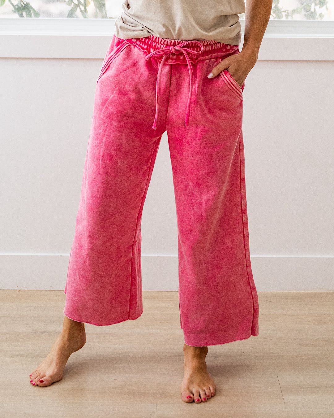Cropped Wide Leg Comfy Pants - Fuchsia Zenana
