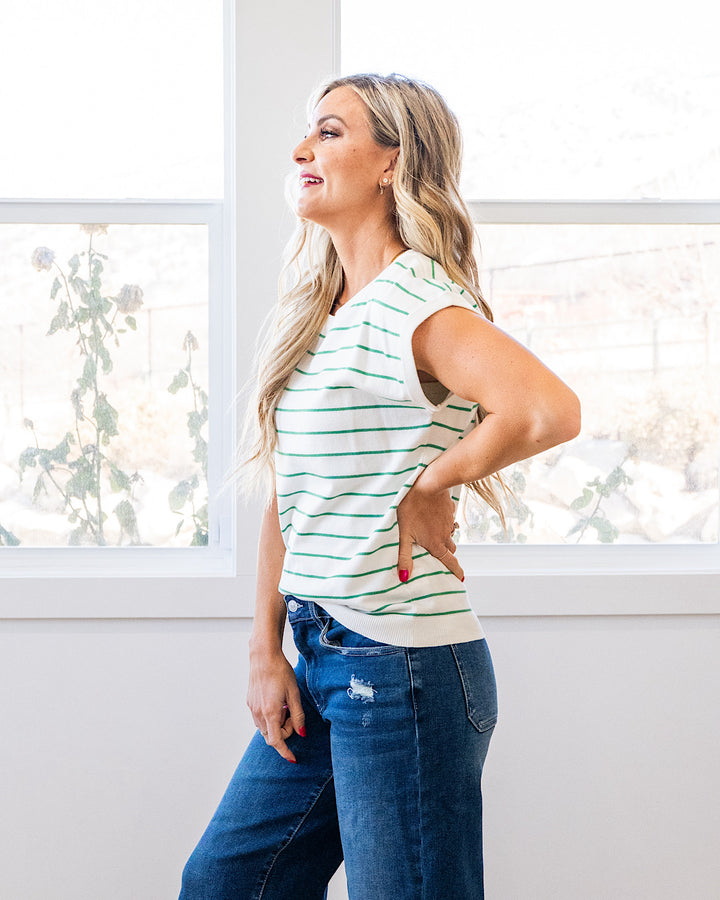 Allie Striped Short Sleeve Sweater - Ivory & Green Staccato