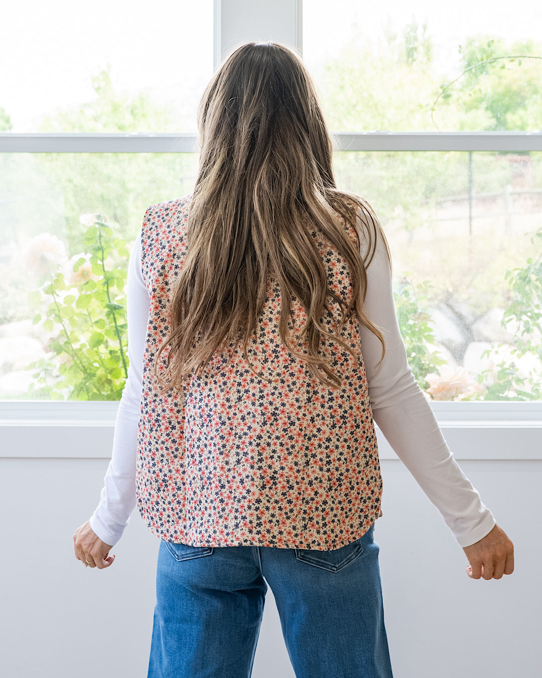 NEW! Juliana Floral Print Corduroy Vest - Cream & Pink Staccato