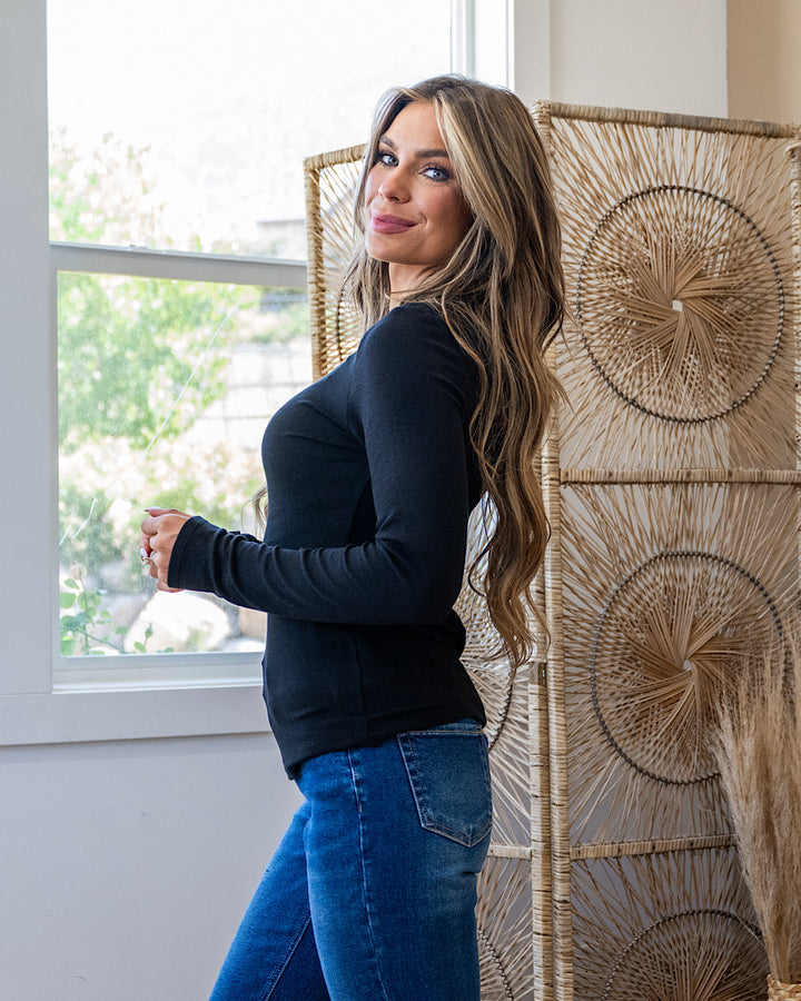 Cami Micro Ribbed Henley Top - Black Be Cool