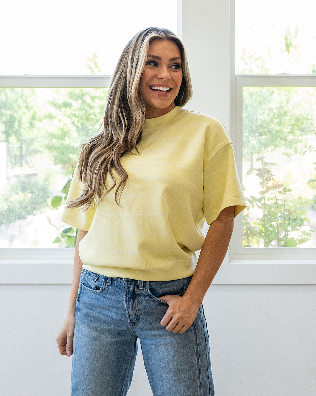 NEW! Macey Scuba Fabric Striped Top - Lemon & Cream
