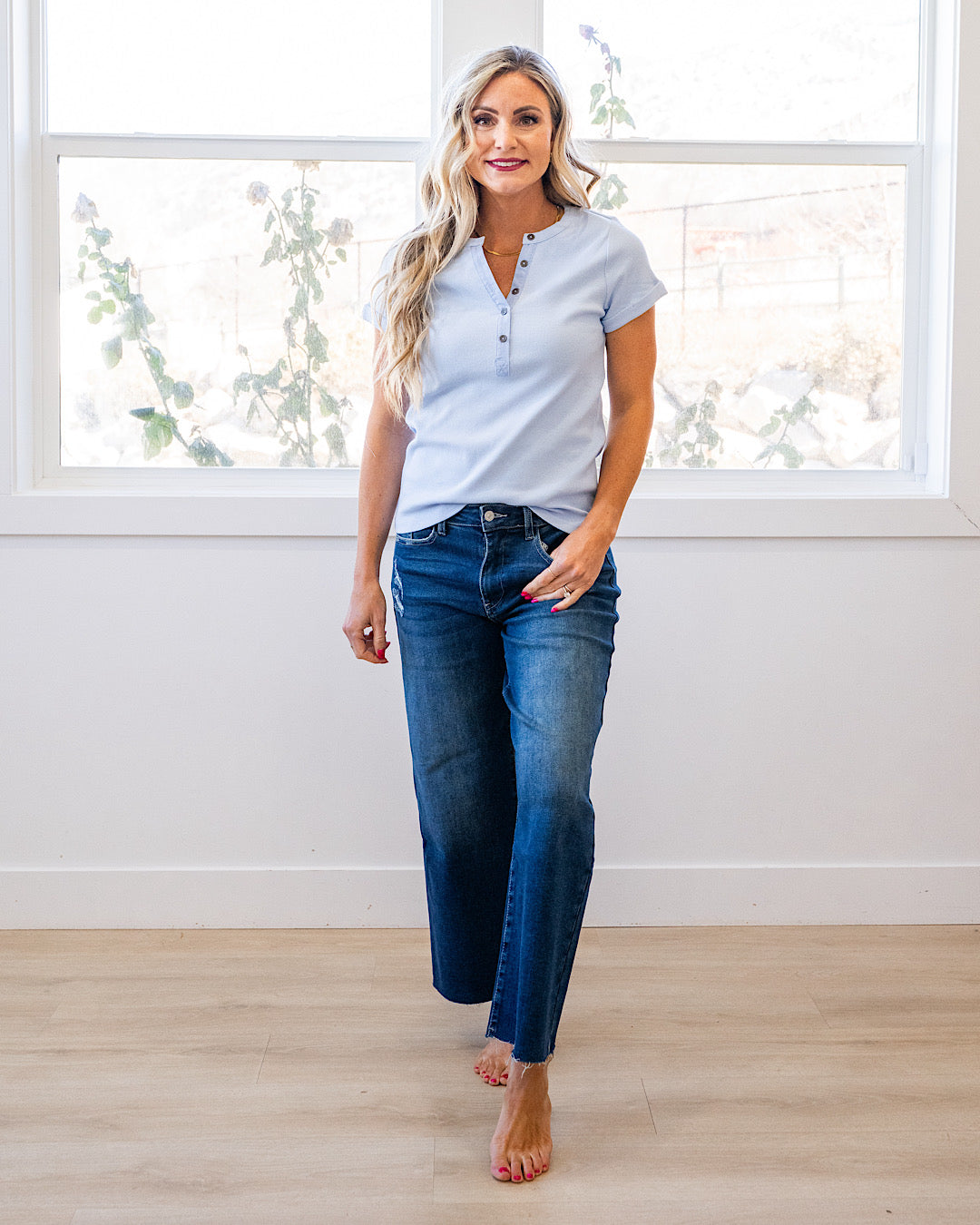 NEW! Amara Ribbed Knit V Neck Henley Top - Sky Blue Staccato