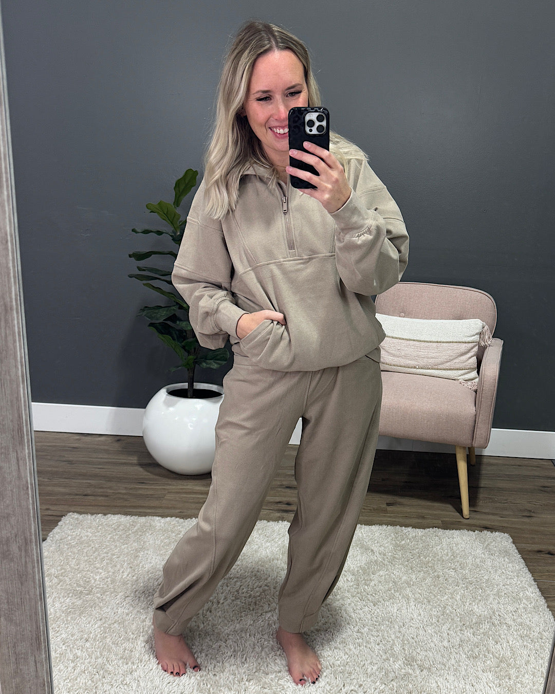 Rae Mode Brushed Ribbed Half Zip Pullover - Taupe Rae Mode