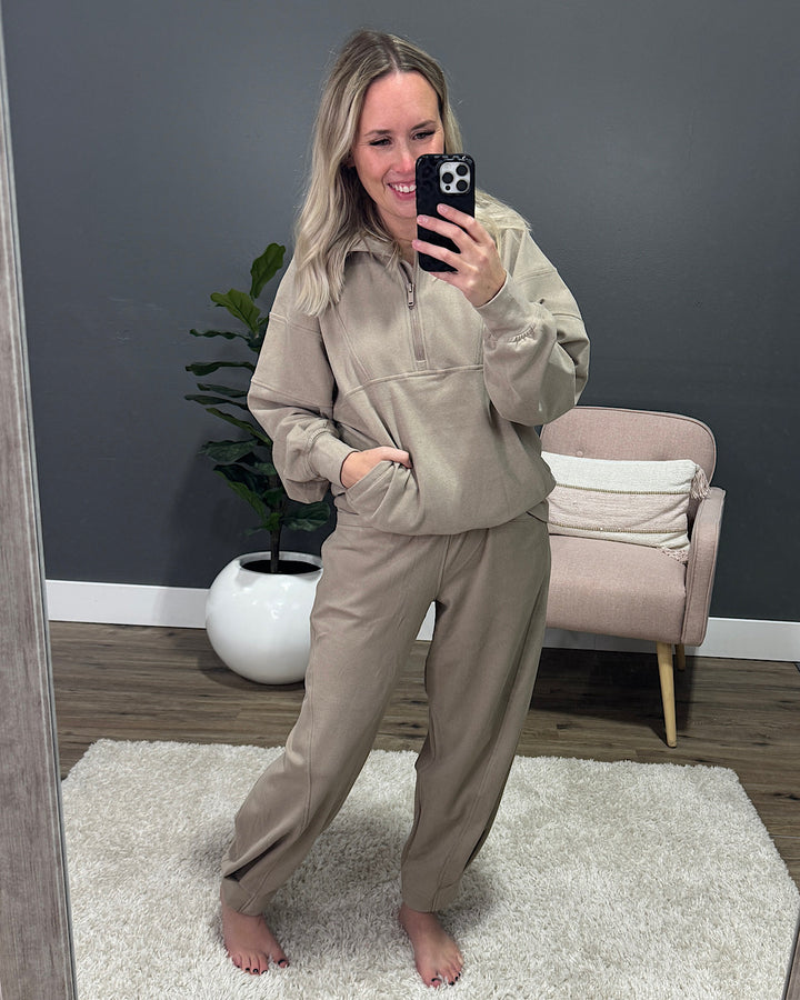 Rae Mode Brushed Ribbed Half Zip Pullover - Taupe Rae Mode