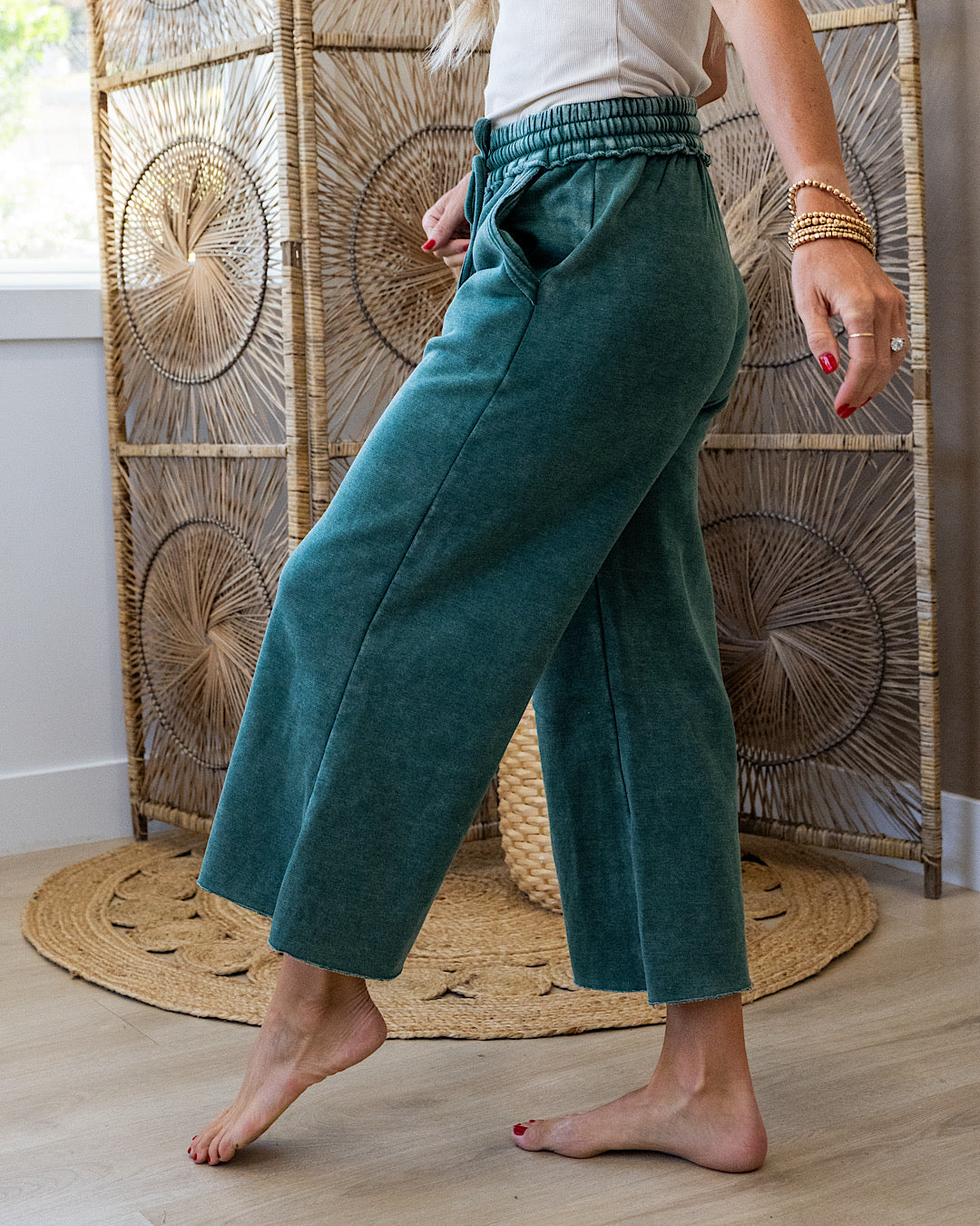 Cropped Wide Leg Comfy Pants - Dark Green Zenana
