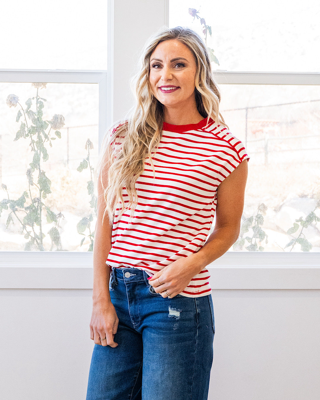 NEW! Adalyn Cap Sleeve Striped Top - Red Staccato