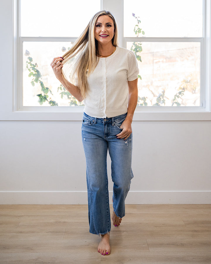 NEW! Brooke Pointelle Short Sleeve Cardigan - White Be Cool