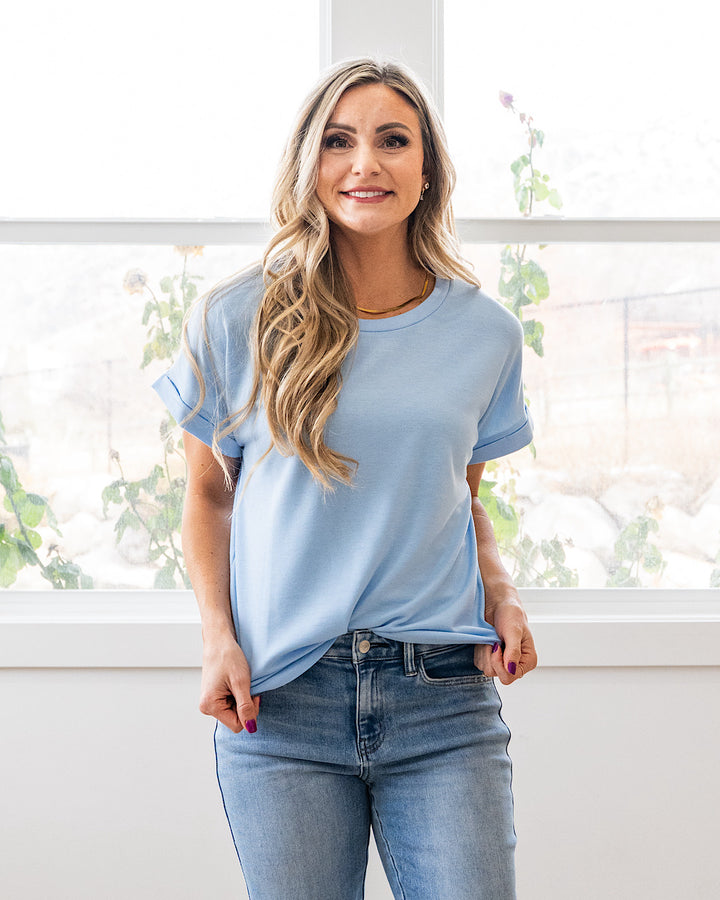 NEW! Melissa Roll Sleeve Top - Sky Blue Staccato