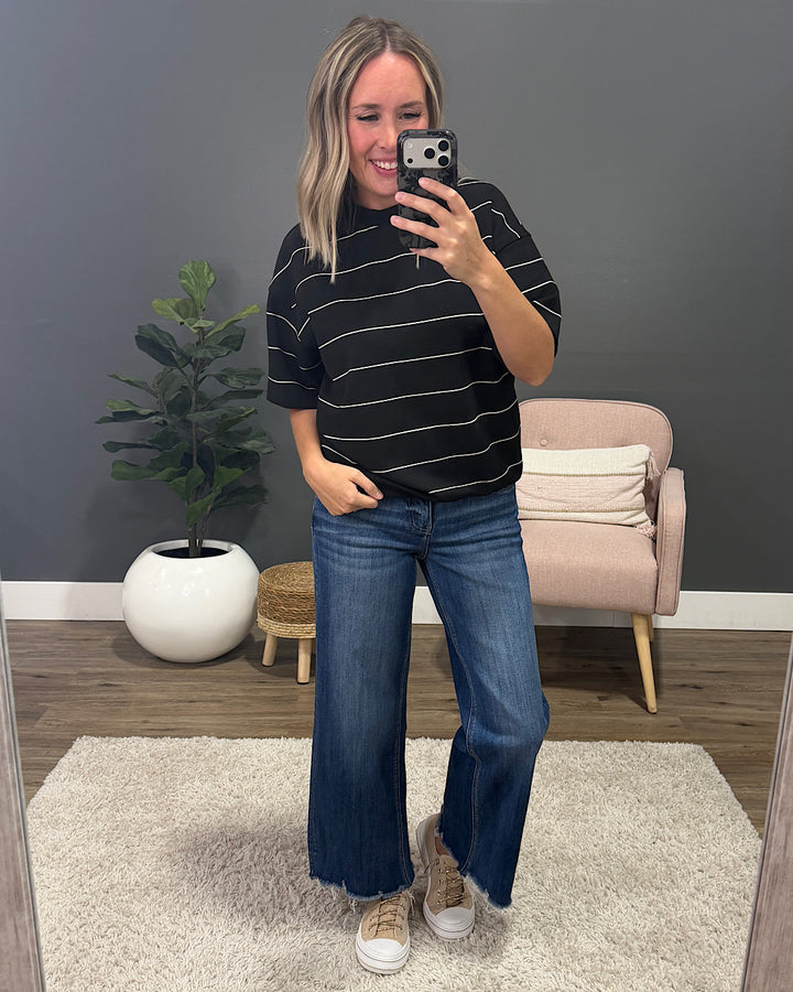 NEW! Macey Scuba Fabric Striped Top - Black & Cream