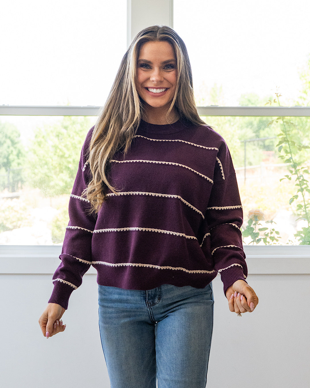 NEW! Jessie Textured Striped Sweater - Dark Plum Staccato