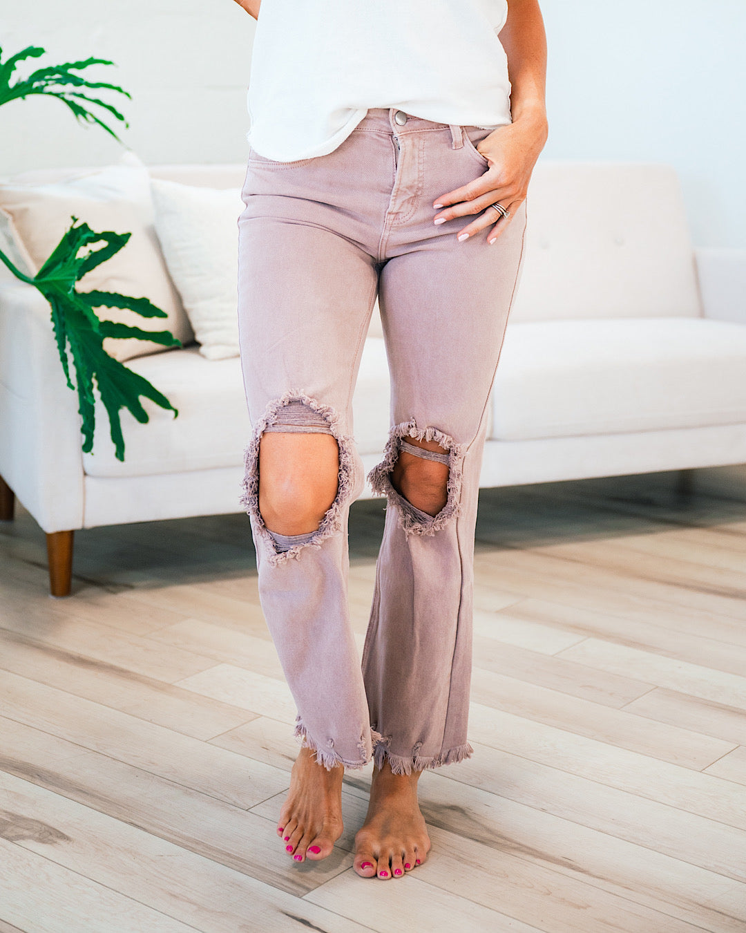 Risen Step Away Distressed Knee Jeans - Mauve  Risen   