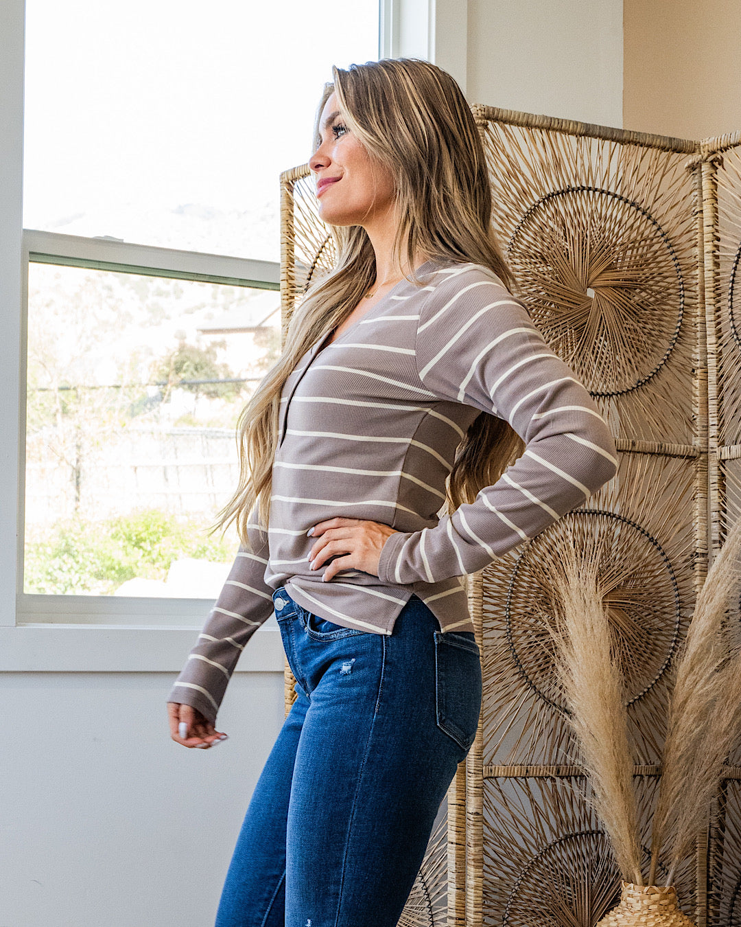 NEW! Dylan Striped Henley Top - Tan & Cream  Thread & Supply   