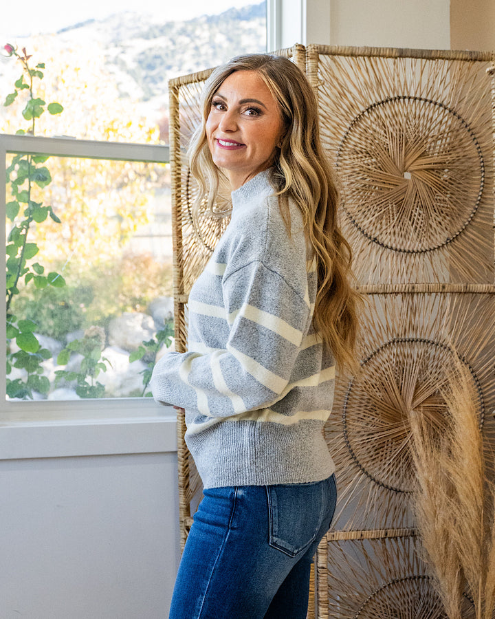 NEW! Madalyn Striped Knit Sweater - Heather Gray & Cream Double Zero