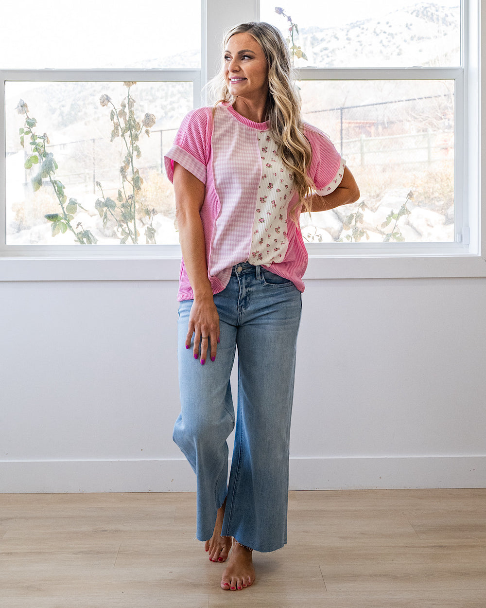 Georgia Gingham and Floral Color Block Corded Top - Pink Lovely Melody