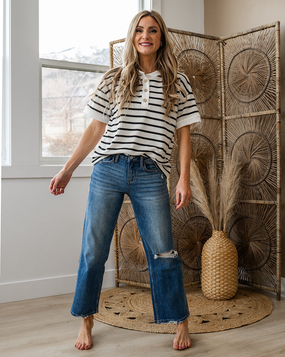 Find Yourself Striped Henley Top - Ivory & Black Lovely Melody