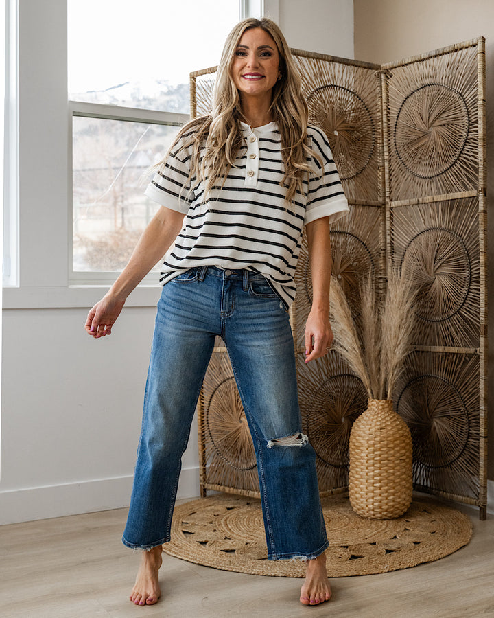 Find Yourself Striped Henley Top - Ivory & Black Lovely Melody