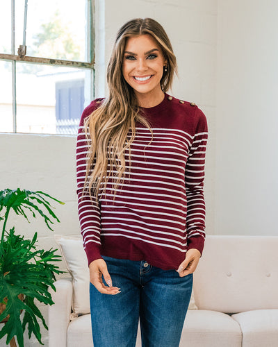 Maddie Burgundy Striped Button Shoulder Sweater  Staccato   
