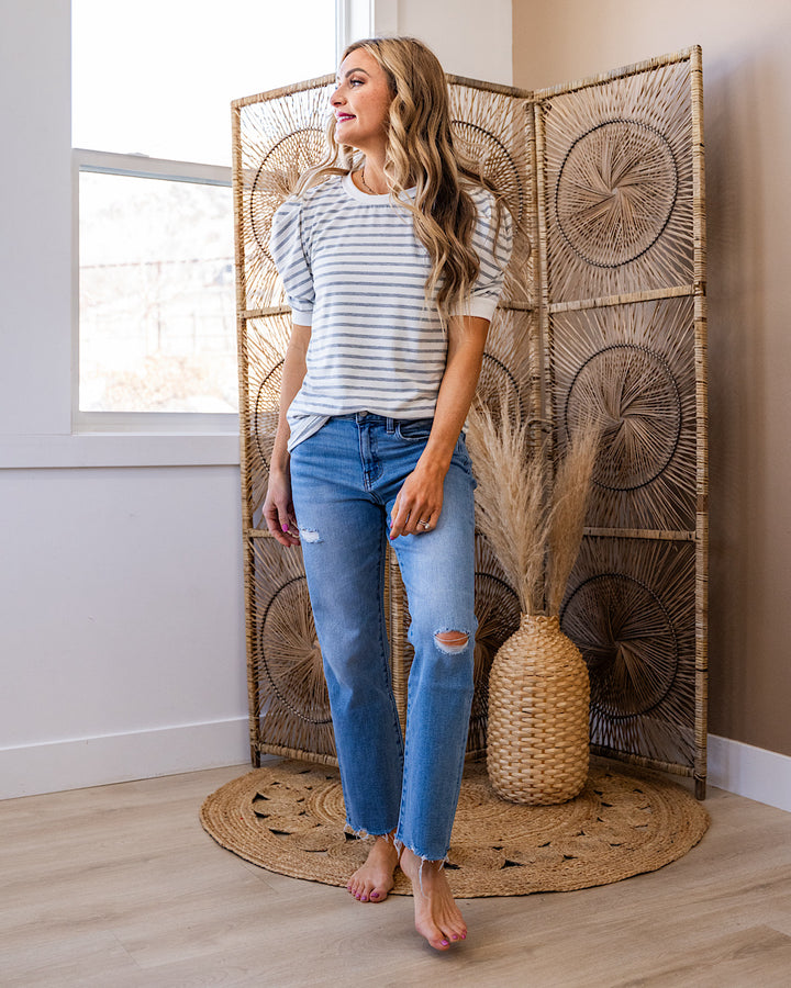 Hillary Striped Puff Sleeve Top - Heather Gray Lovely Melody