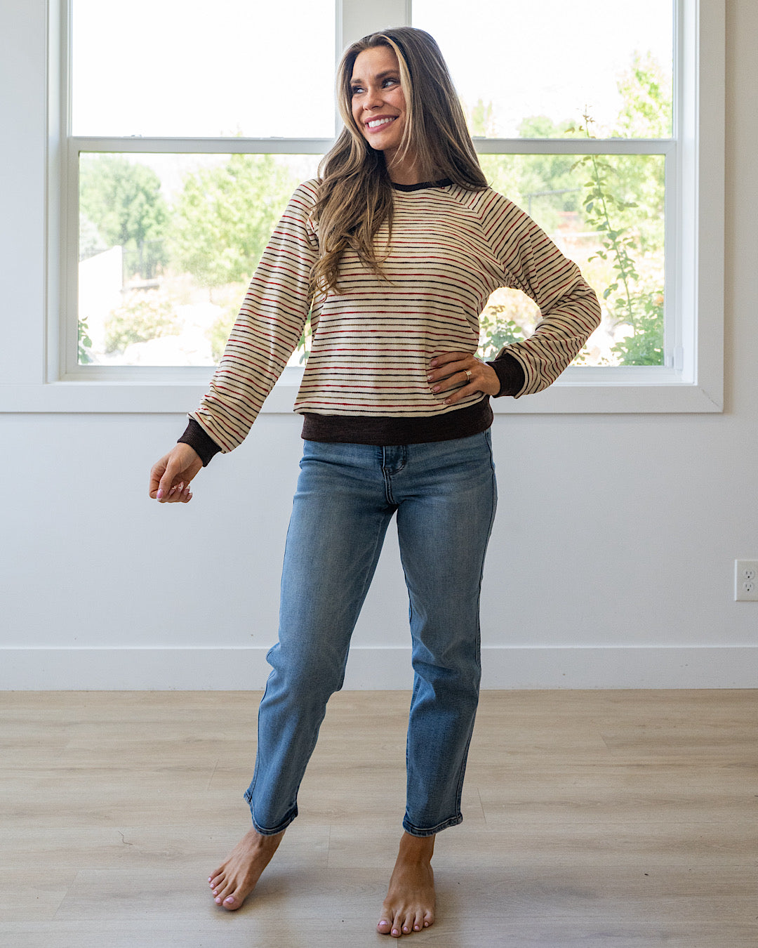 NEW! Kira Striped Raglan Waffle Top - Brown