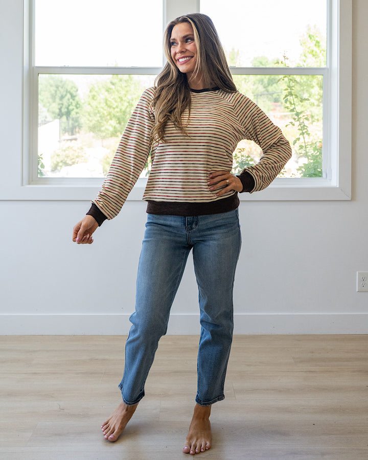 NEW! Kira Striped Raglan Waffle Top - Brown