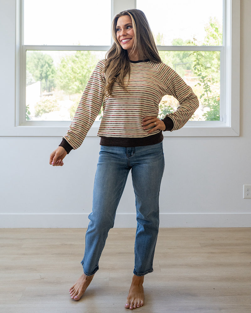 NEW! Kira Striped Raglan Waffle Top - Brown Staccato