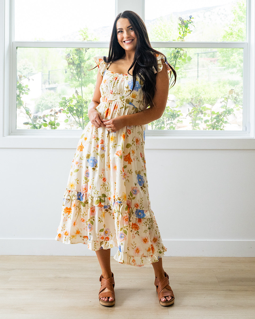 NEW! Selena Floral Flutter Sleeve Midi Dress Mine