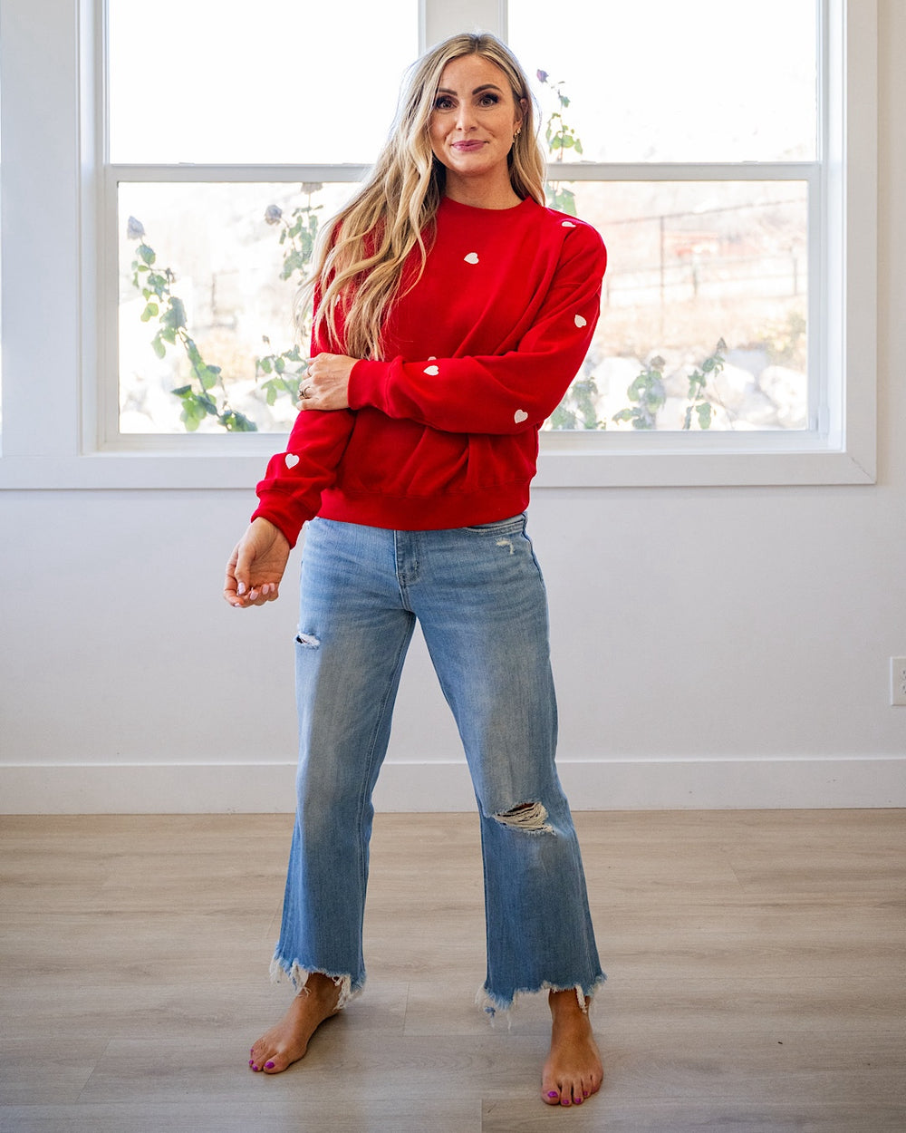 NEW! Heart Embroidered Fleece Crewneck Sweatshirt - Red Reflex